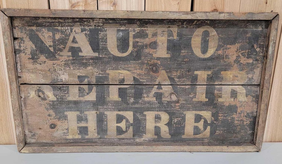 Auto Repair Here Wood Sign: rated 5, 18"x32', the single-sided wood sign has heavy wear and paint loss.