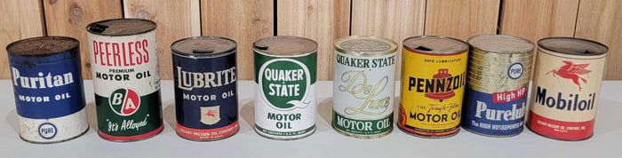 8-Different One Quart Metal Motor Oil Cans