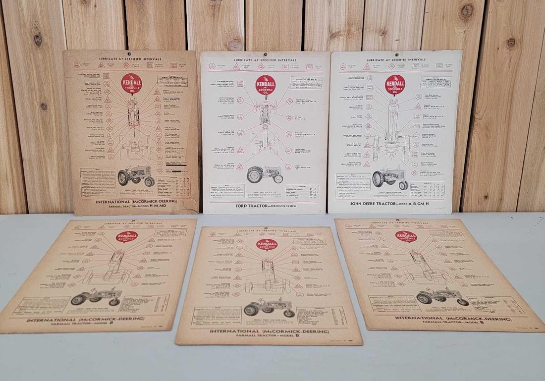 6-Different Kendal Motor Oil Tractor Lubricate Cardboard Charts: all in good condition, 16.5"x12.5"