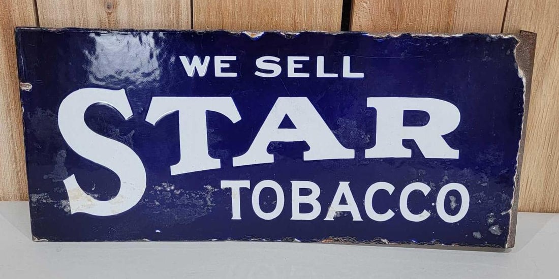 We Sell Star Tobacco Porcelain Flange Sign (TAC): rated 6.9, 8"x18", the porcelain flange has good color and gloss, has chips and staining, damage on the flange. Rarity 2. TAC #033750