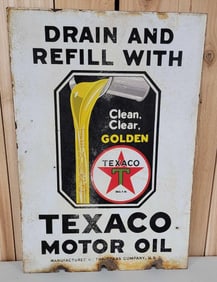 Texaco Motor Oil "Drain and Refill with" Porcelain Sign (TAC)