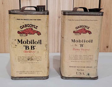 2-Mobiloil One Gallon Square Metal Cans "BB" & "B"