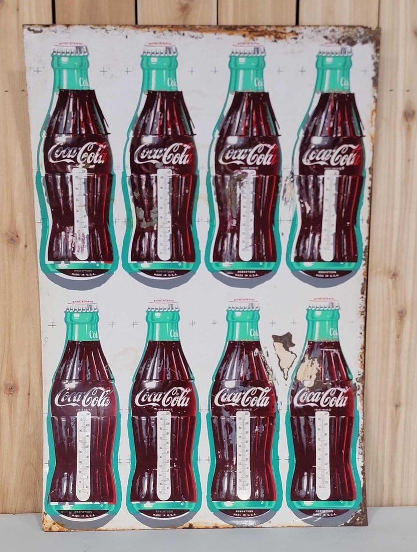 Uncut Coca-Cola Bottle Thermometer Metal Sheet: rated 7.5, 36.5"x24", the SST uncut sheet has good color and shine, does have stained areas, marked Robertson.