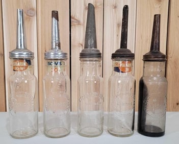 5-Embossed Standard Oil of Indiana Oil Bottles w/Metal Spouts