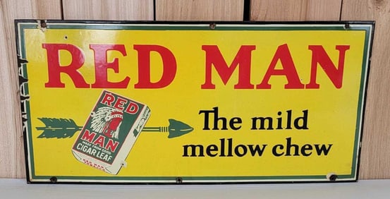 Red Man "The Mild Mellow Chew" Cigar Leaf Porcelain Sign (TAC)