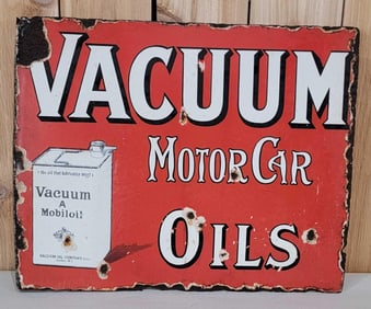 Vacuum Motor Car Oils w/Standing Gargoyle Square Can Logo Porcelain Flange Sign (TAC)