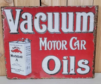 Vacuum Motor Car Oils w/Red Gargoyle Square Can Logo Porcelain Flange Sign (TAC)