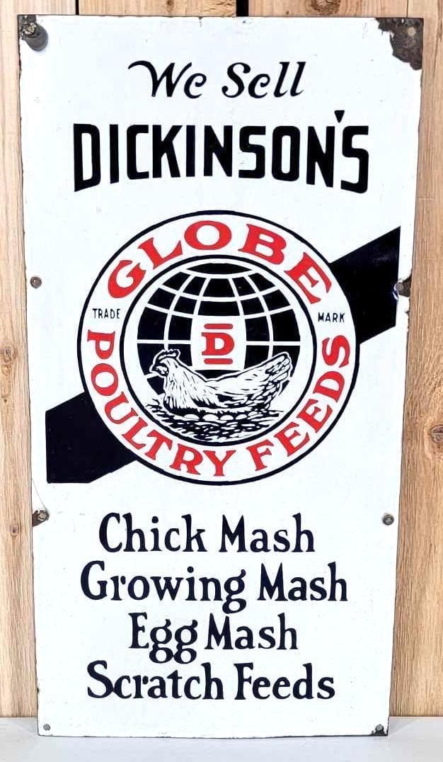 We Sell Dickinson's Globe Poultry Feeds w/Logo Porcelain Sign (TAC) (1 of 6)