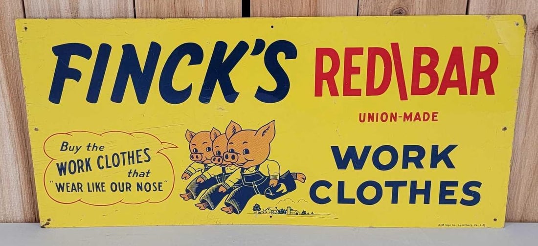 Finch Red/Bar Work Clothes w/Three Pig Logo Metal Sign (TAC): rated 8, 12"x26", the SST sign has good color and shine, has light wear, has minor cease in the field, marked A-M, dated 1953. Rarity 8. TAC #060136