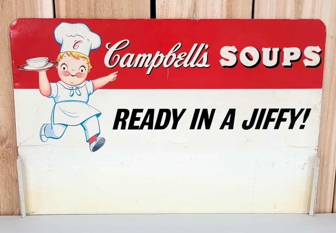 Campbell's Soups Ready in Jiffy! Metal Rack Sign (TAC): rated 8, 12'x18", the SST sign has light wear and minor yellowing. TAC #060653