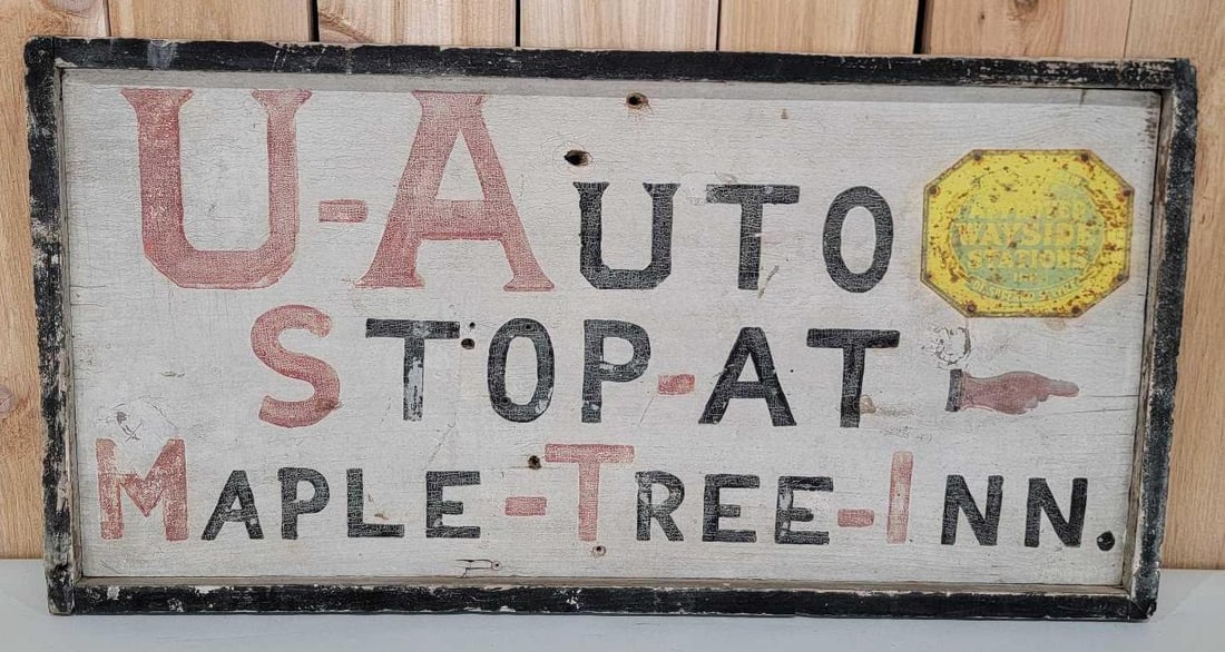 U-Auto Stop-At Maple Tree-Tree-Inn Wood Sign: rated 6.5, 16"x32", the single-sided wood sign has wear and paint crazing.