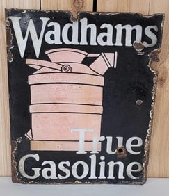 Wadhams True Gasoline w/Image Porcelain Flange Sign (TAC)