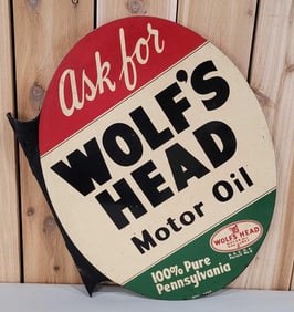 Ask for Wolf's Head Motor Oil w/Logo Metal Flange Sign (TAC)