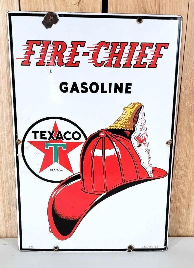 Texaco (white-T) Fire Chief Gasoline Porcelain Pump Sign (1 of 4)