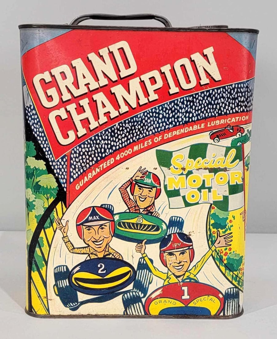 Grand Champion Motor Oil Two-Gallon Rectangle Metal Can: rated 8.25, This two-gallon rectangle metal can has good color, with light wear and minor dings. The can is empty. Rarity 2.