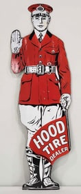 Hood Tire Dealer w/Flag Man Porcelain Sign (small) (TAC)