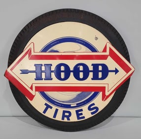 Hood Tires w/Arrow Logo Metal Sign Mounted on half tire display (TAC)