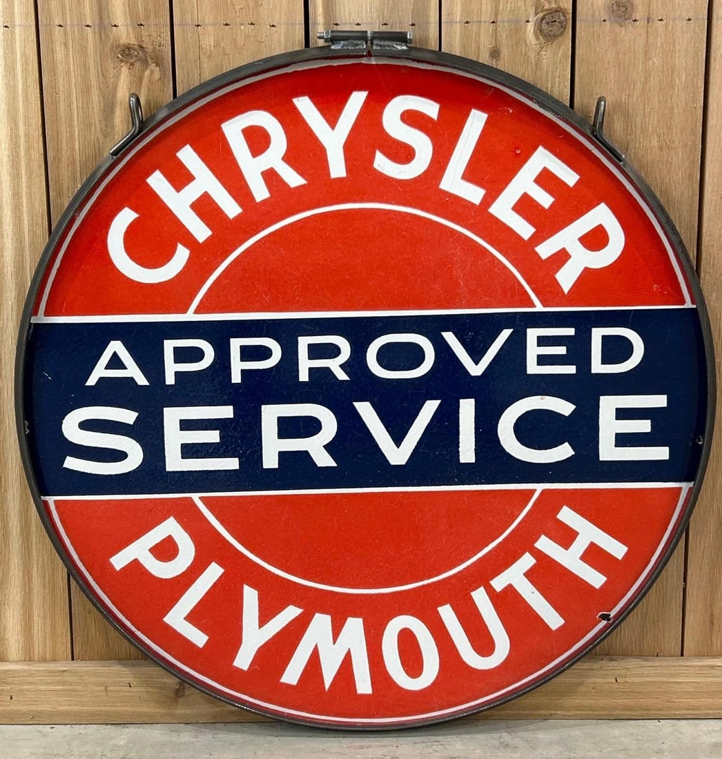 Chrysler Plymouth Approved Service Porcelain Dealership Sign (30) (TAC): rated 8.5, 29.75"D. This DSP sign has good color and gloss with notable wear in the fields. Rarity 6. TAC #033844