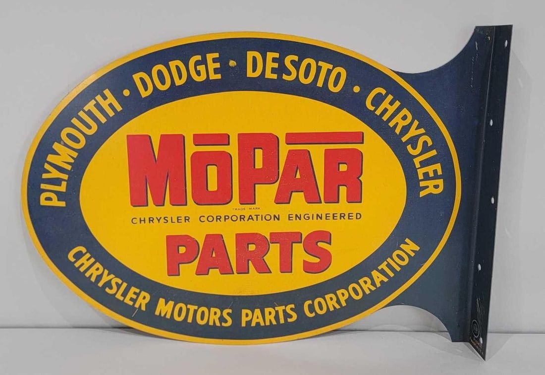 Mopar Parts Chrysler Motors Part Corp. Metal Flange Sign (TAC): rated 8.9, 17"x23.75", This die-cut metal flange sign has good color, some shine and light wear. Marked, Made in U.S.A. Rarity 4. TAC #060826