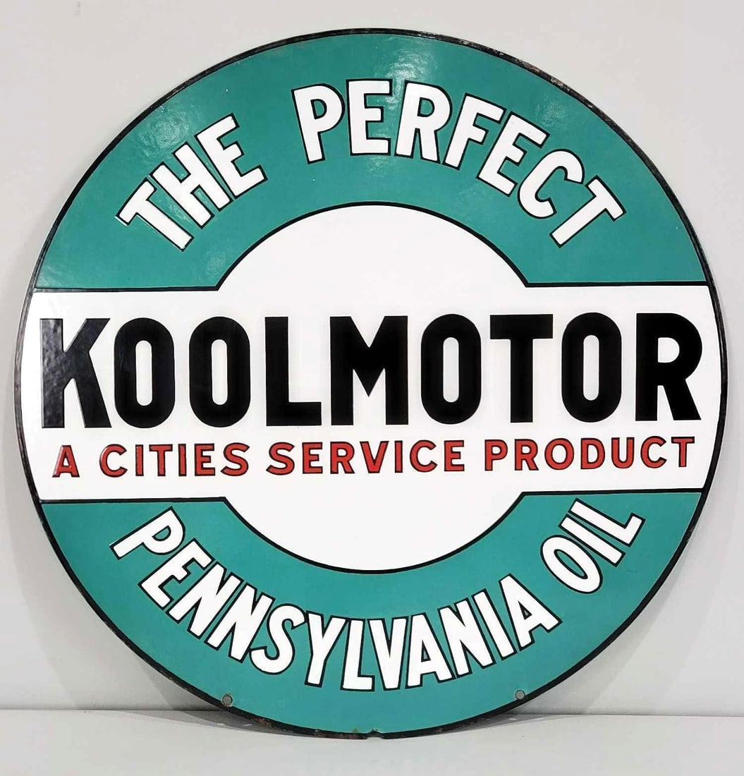 Koolmotor Cities Service "The Perfect Pennsylvania Oil" Porcelain Sign (TAC): rated 9.5, 24"D. This DSP sign has excellent color and gloss with clean fields. Sign has very minor wear around the perimeter. Rarity 5. TAC #060951