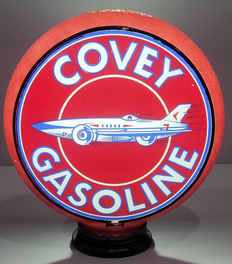 Covey Gasoline w/Rocket Car Logo Single Gill Globe Lens in Red Ripple Body(TAC): rated 9.5, 13.25" Gill single globe lens is in excellent condition. Lens mounted in an original Red Ripple globe body with copper screw base. The body has paint loss at the base and at the top.