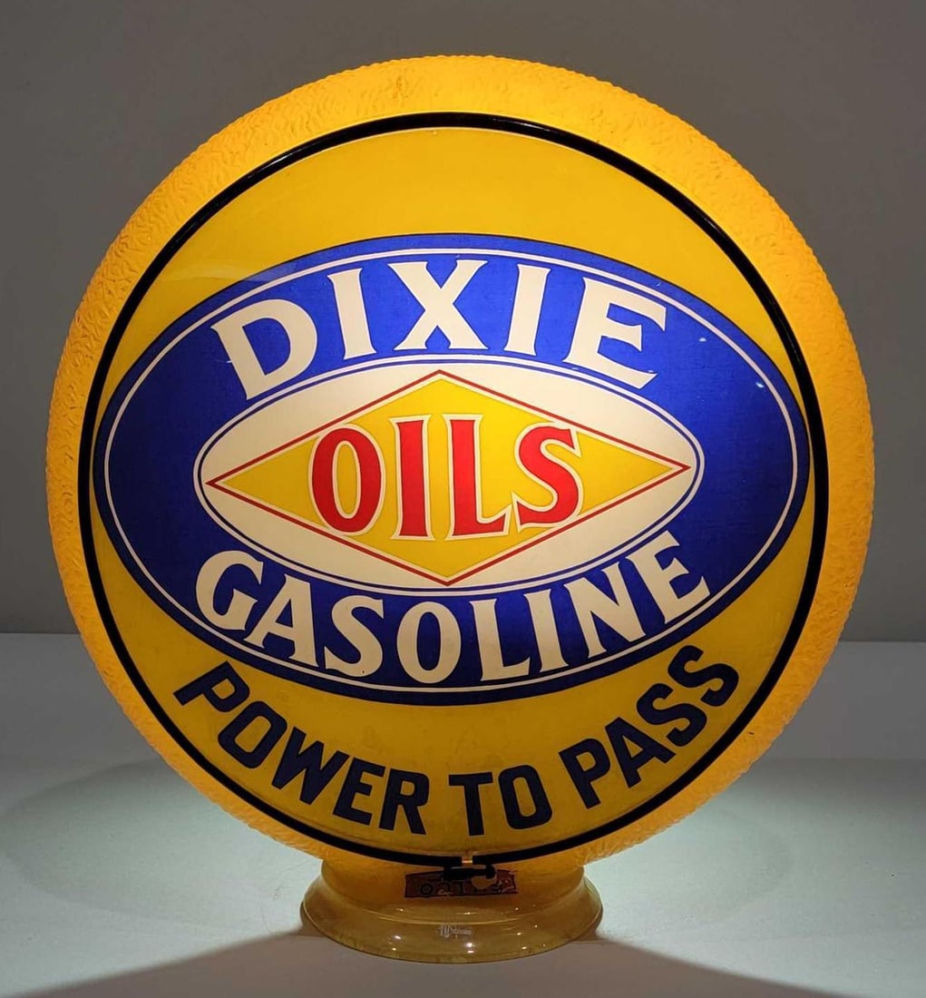 Dixie "Power to Pass" Lenses on an Original Yellow Ripple Globe Body (TAC): Lenses are rated 8.5. Lens shows light wear around the perimeter. Body rated 9.0. The yellow ripple globe body has very good color throughout both the body and the base. Base has a few small chips,