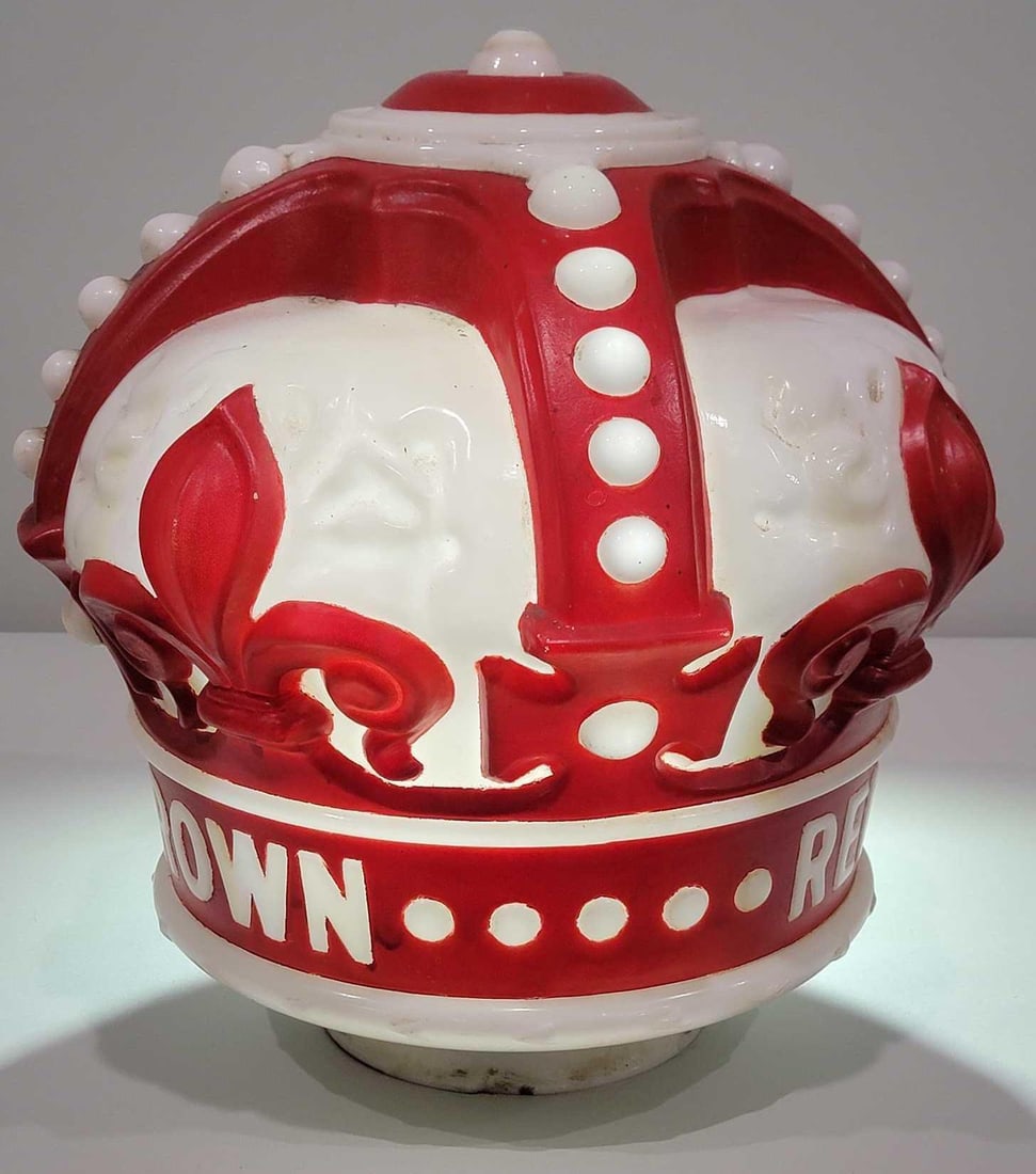 Standard Oil Red Crown Embossed OPC Milk Glass Globe (TAC): rated 9, 16"T., OPC (one-piece cast) milk glass crown globe. Body is in good condition with tiny chips on the base. Paint is original with some wear. TAC #025608