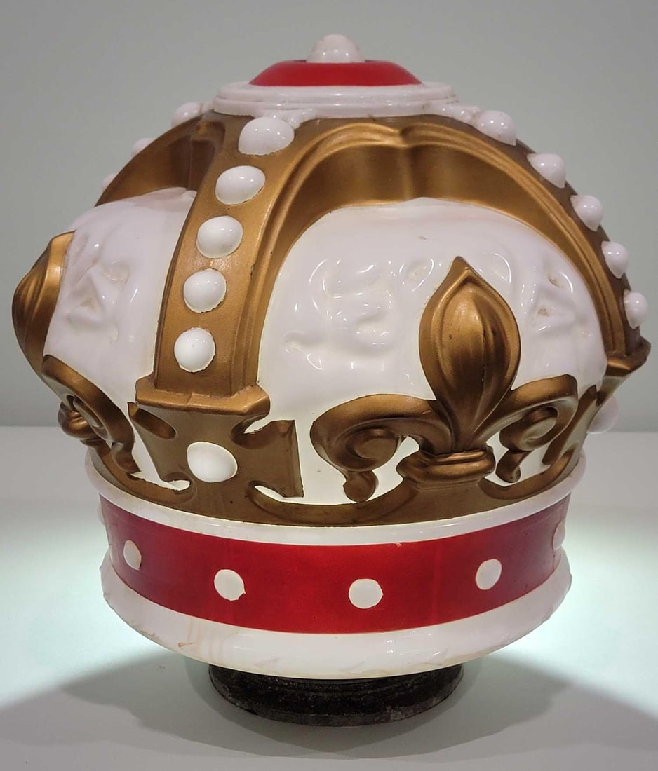 Standard Oil Red/Gold OPC Crown Globe (TAC): rated 7.5, 16.5"T., OPC (one-piece cast) milk glass crown globe body with screw base and metal collar. Body has hairline crack running vertically along the collar (see photos). Paint has light