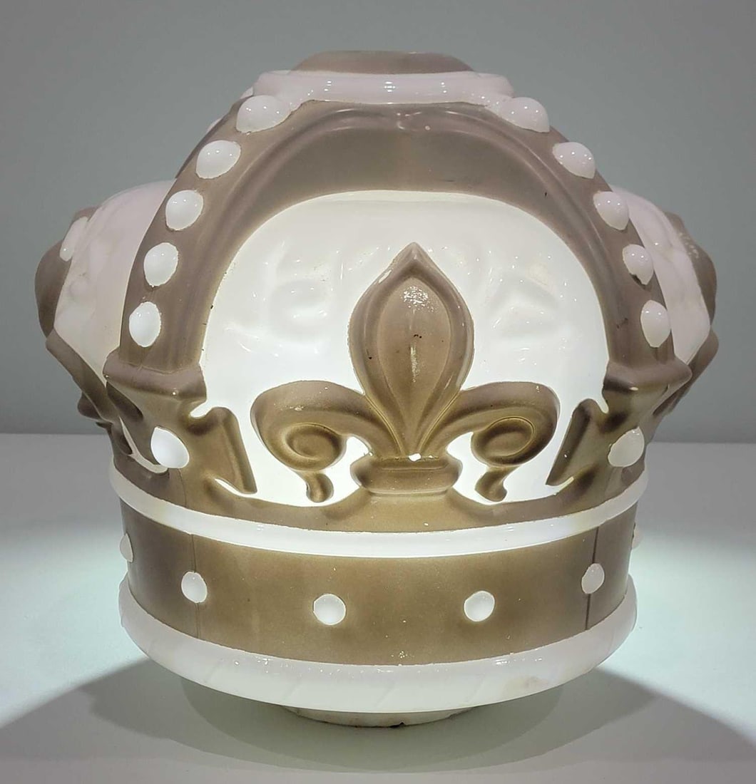 Original Standard Oil Grey Crown (OPC) Milk Glass Globe (TAC): rated 8, 16"T., OPC (one-piece cast) milk glass crown globe. The top jewel is missing. Body has screw base with no collar. The original grey paint is in good condition. TAC #025606