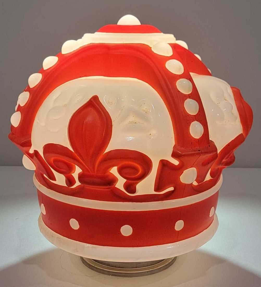 Standard Oil Orange Crown (repainted) OPC Milk Glass Globe: repainted, 16"T., OPC milk glass globe. Body is solid with screw base and metal collar.