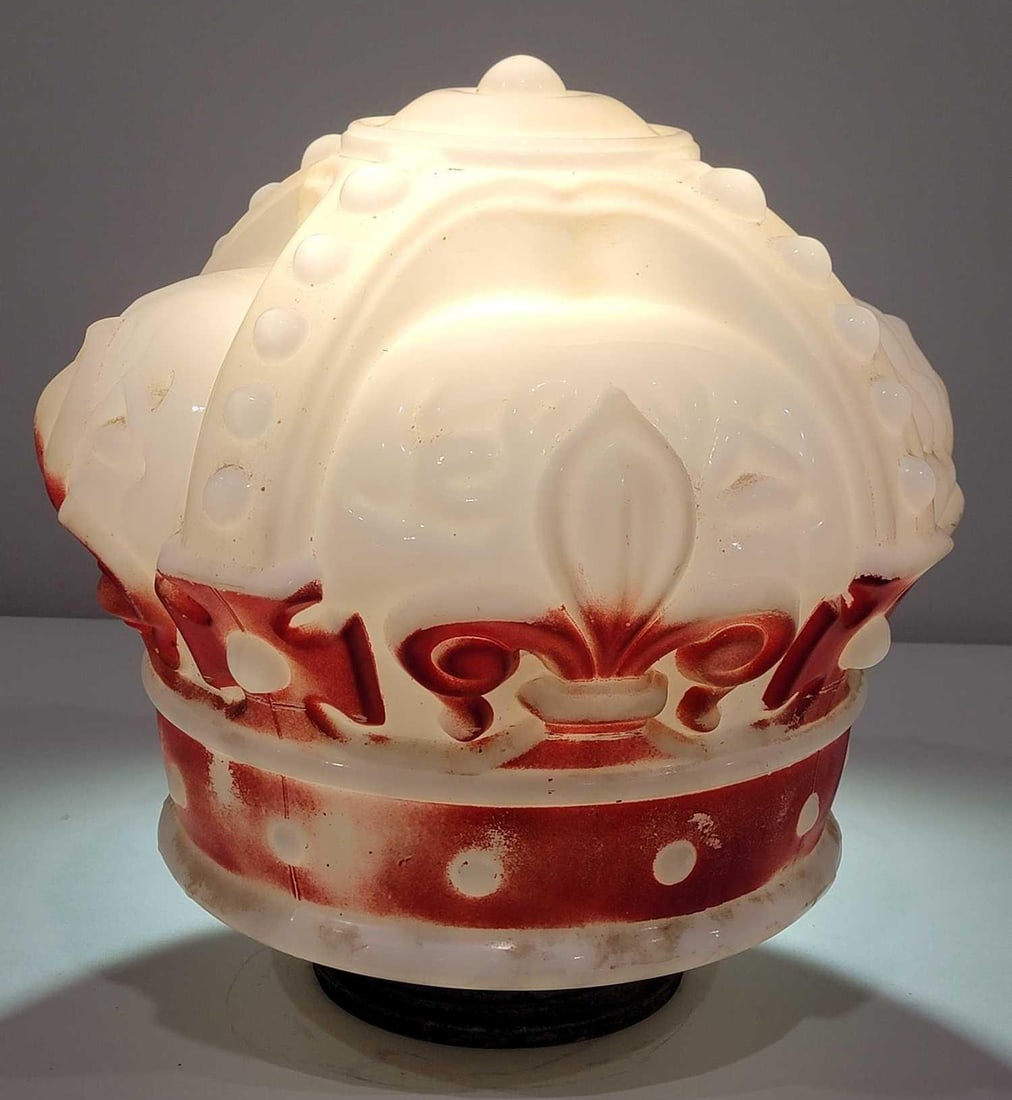 Standard Oil Red Crown OPC Milk Glass Globe (TAC): rated 7, 16"T. OPC (one-piece cast) milk glass globe. The base has damage that is concealed by the screw base and metal collar. Paint has heavy wear. TAC #025610