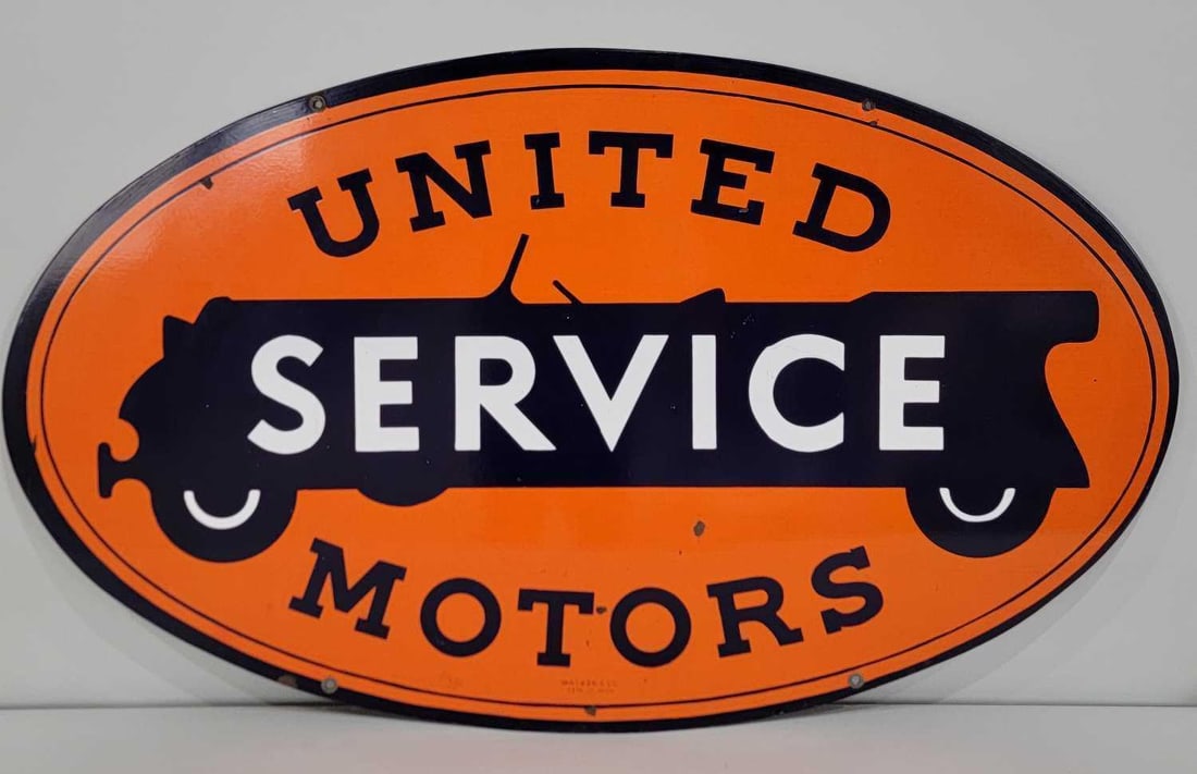United Motor Service w/Logo Porcelain Sign (TAC): rated 8.75, 28.5'x48", This DSP oval sign has excellent color and gloss with a few small chips in the fields and along the perimeter. Marked Walker & Co. Detroit, Mich. Rarity 4. TAC