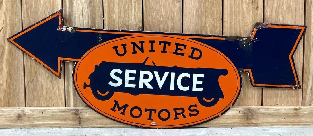United Motor Service w/Logo Porcelain Arrow Sign (TAC): rated 8 & 7.5, 13.75"x42", the DSP die-cut arrow-shaped sign has good color and gloss. Display has tiny chip in the field with wear and staining. Sign has chips at the mounting holes and a