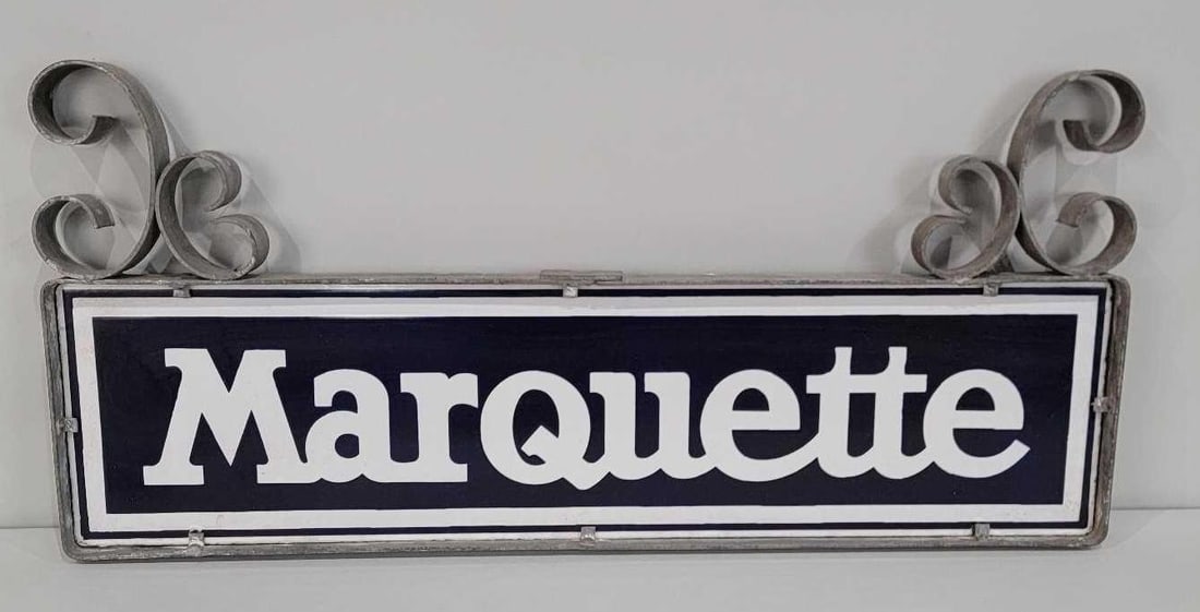 Marquette (automobile) Porcelain Sign in original frame(TAC): rated 9.5, 9.25"x36", the DSP sign has excellent color and gloss. Marked Burdick. This piece was originally displayed under a Buick 42" sign in a ring. Rarity 7. TAC #061015