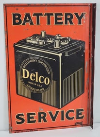 Delco Battery Service w/Small United Motors Logo Metal Flange Sign (TAC)