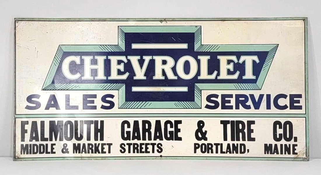 Chevrolet w/Bowtie Sales & Service from Maine Metal Tacker Sign (TAC): rated 8.25, 11.5"x23.5", the SST embossed tacker sign has good color and shine. Sign has light wear, a few fine scratches, light soiling, and minor creasing at the corners. You rarely see this color