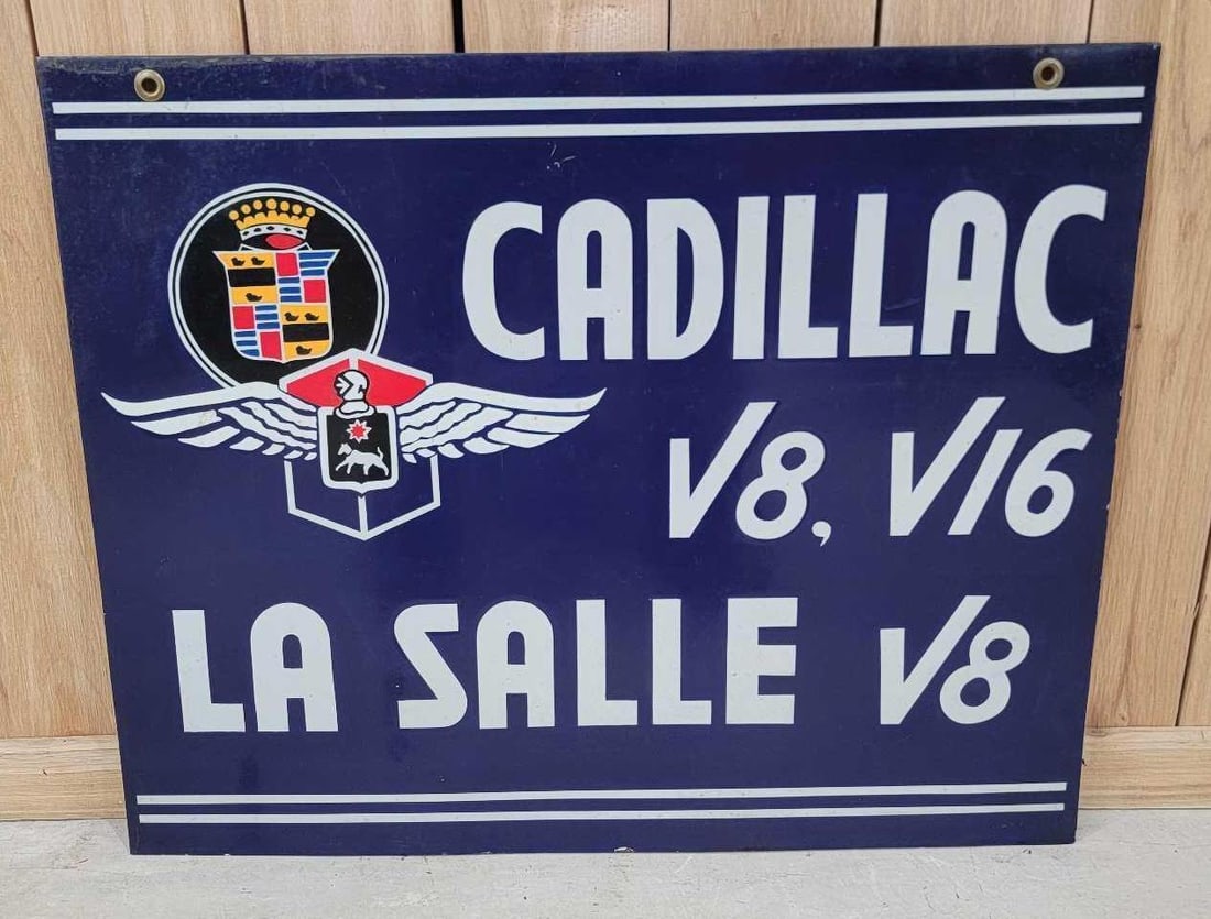 Cadillac V8, V16 La Salle V8 Porcelain Sign (Restored): 24"x30". Sign has been professionally restored on both sides. Rarity 8.