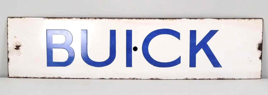 Buick Porcelain Sign (TAC): rated 8.9, 4.25"x17.5". This SSP sign has good color and gloss, with a clean field. Sign shows chips on the outer fields and around the perimeter. Sign was likely an attachment to a larger