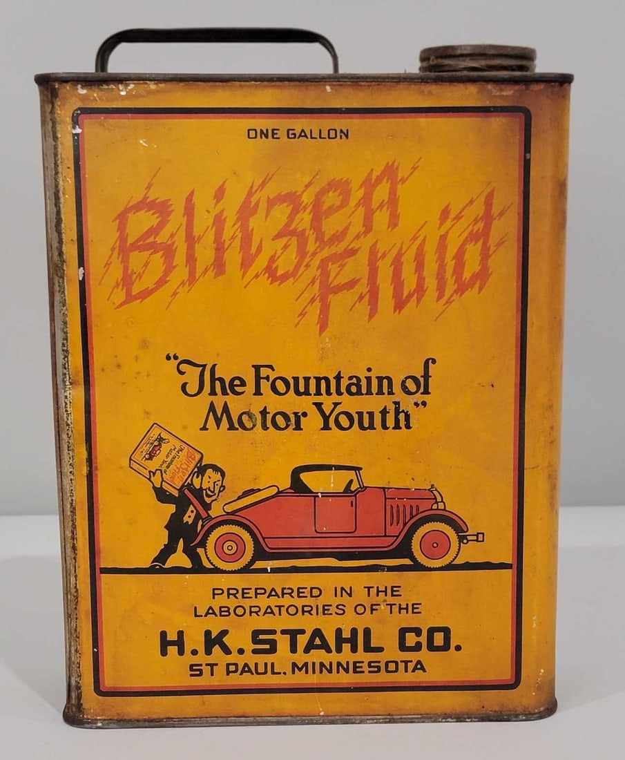 Blitzen Fluid w/Great Image One-Gallon Flat Metal Can: rated 7.75 & 7.5. This one-gallon flat metal can has good color with lite soiling and minor dings. The reverse has slightly more damage. Can is marked H.K. Stahl Co. St. Paul, Minnesota. Rarity