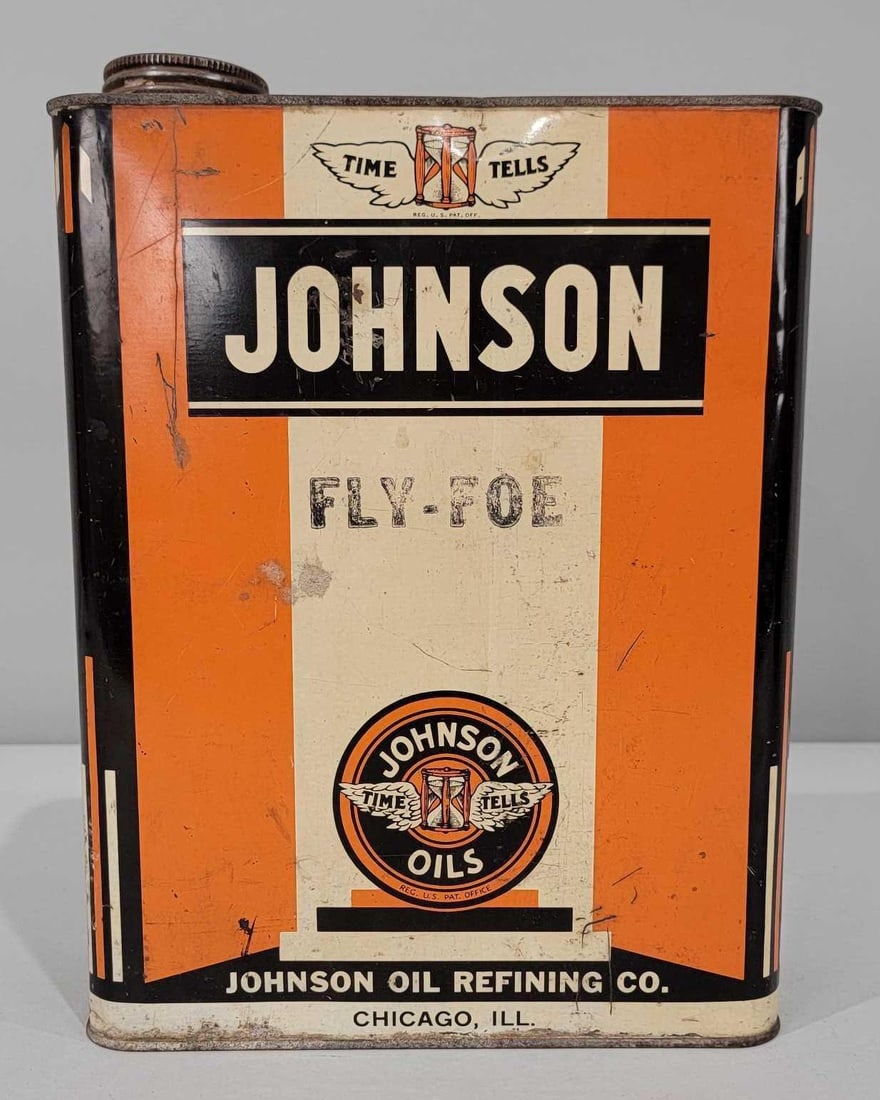 Johnson Oils w/Logos One-Gallon Flat Metal Can "Fly-Foe": rated 8 & 7.5. This one-gallon flat metal can has good color, lite wear, light soiling and fine scratches. Can is empty, but does have lid and handle. Rarity 5.