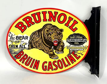Bruinoil Bruin Gasoline "The Bear of Them All" w/Image Metal Flange Sign (TAC)