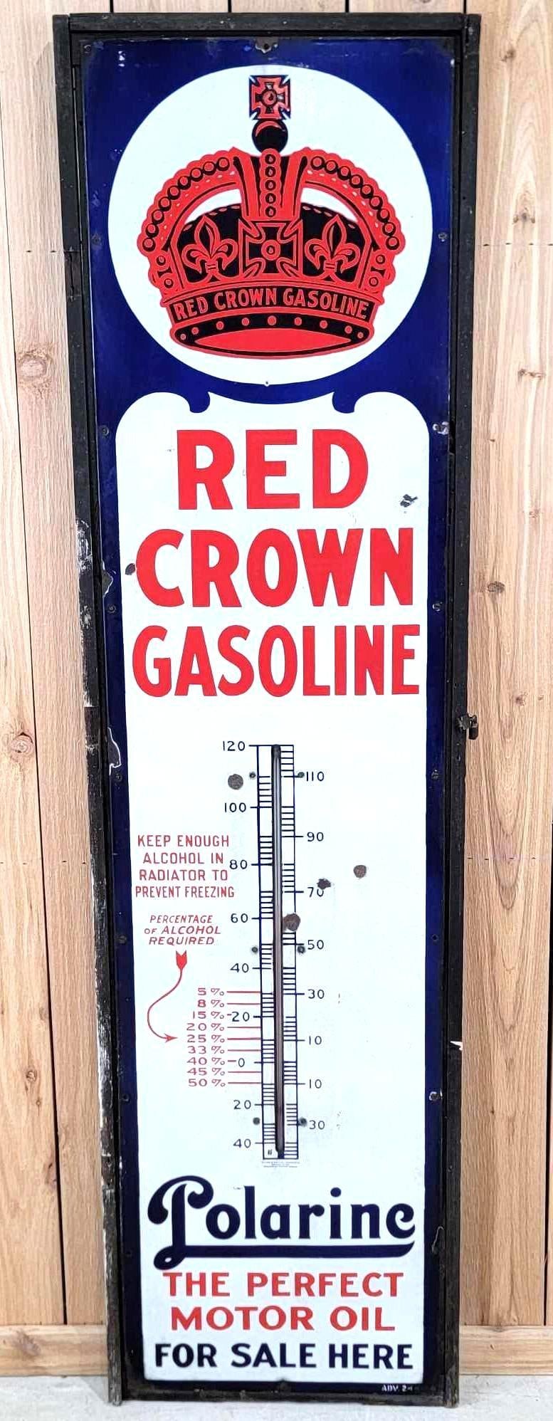 Red Crown Gasoline w/Nebraska Crown Porcelain Thermometer (TAC): rated 8.25, 71.75"x17.75". This SSP vertical thermometer has very good color and gloss, with small chips and wear in the field. The original wood frame is in poor condition. Sign is complete with a wo
