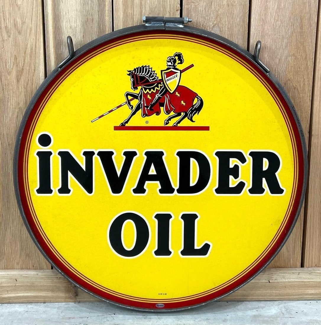 Invader Oil w/Logo Metal Sign (TAC): rated 9.25 & 9, 24"D. The DST sign has excellent color and shine. Reverse side has a few faint spots in the upper field. Marked A-M. Dated 1959. Rarity 6. TAC #033836
