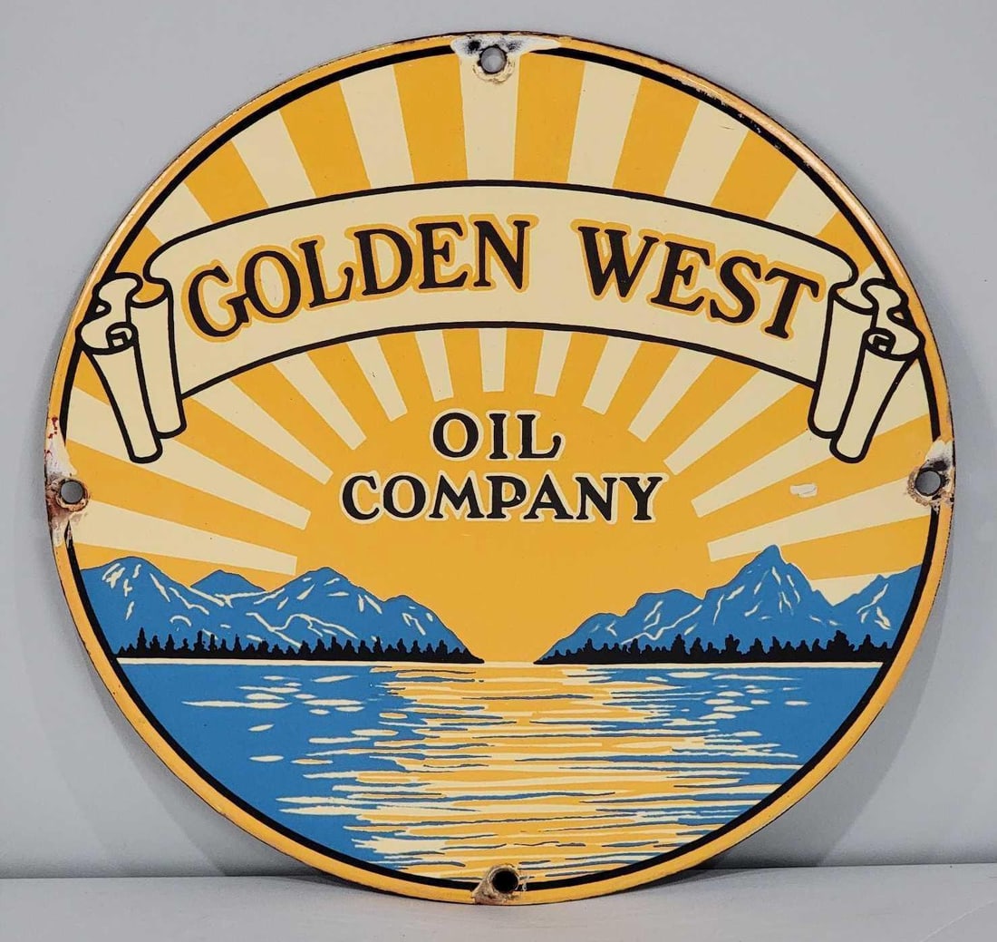 Golden West Oil Company (baby blue mountains) Porcelain Pump Sign (TAC): rated 8.75, 10"D. The SSP sign has excellent color and gloss, with very minor porcelain loss at all mounting holes. Rarity 9. TAC #061118