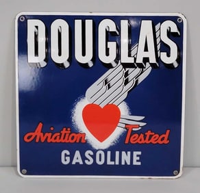 Douglas Aviation Tested Gasoline w/Logo Porcelain Pump Sign (TAC)