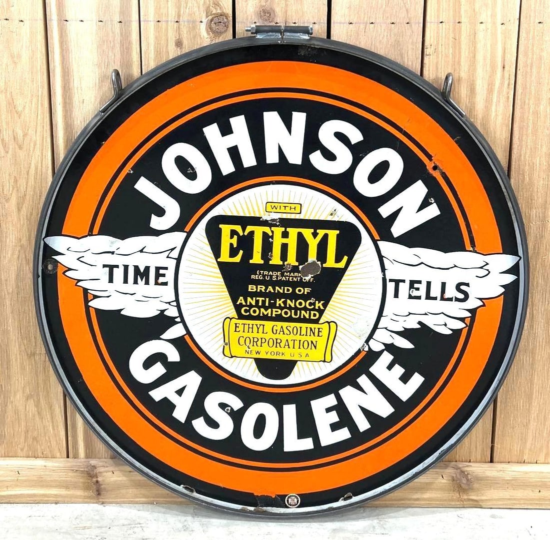 Johnson Gasolene w/Ethyl & Time Tells Logos Porcelain Sign (30)(TAC) (1 of 7)