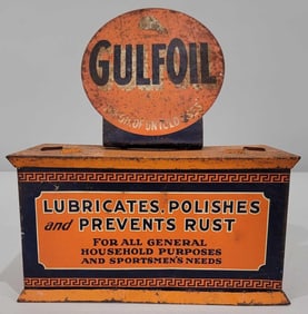 Gulf Oil "Lubricates, Polishes & Prevents Rust" Metal Display (TAC)