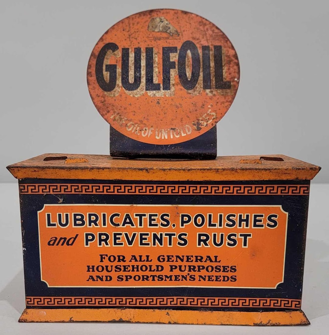 Gulf Oil "Lubricates, Polishes & Prevents Rust" Metal Display (TAC) (1 of 6)