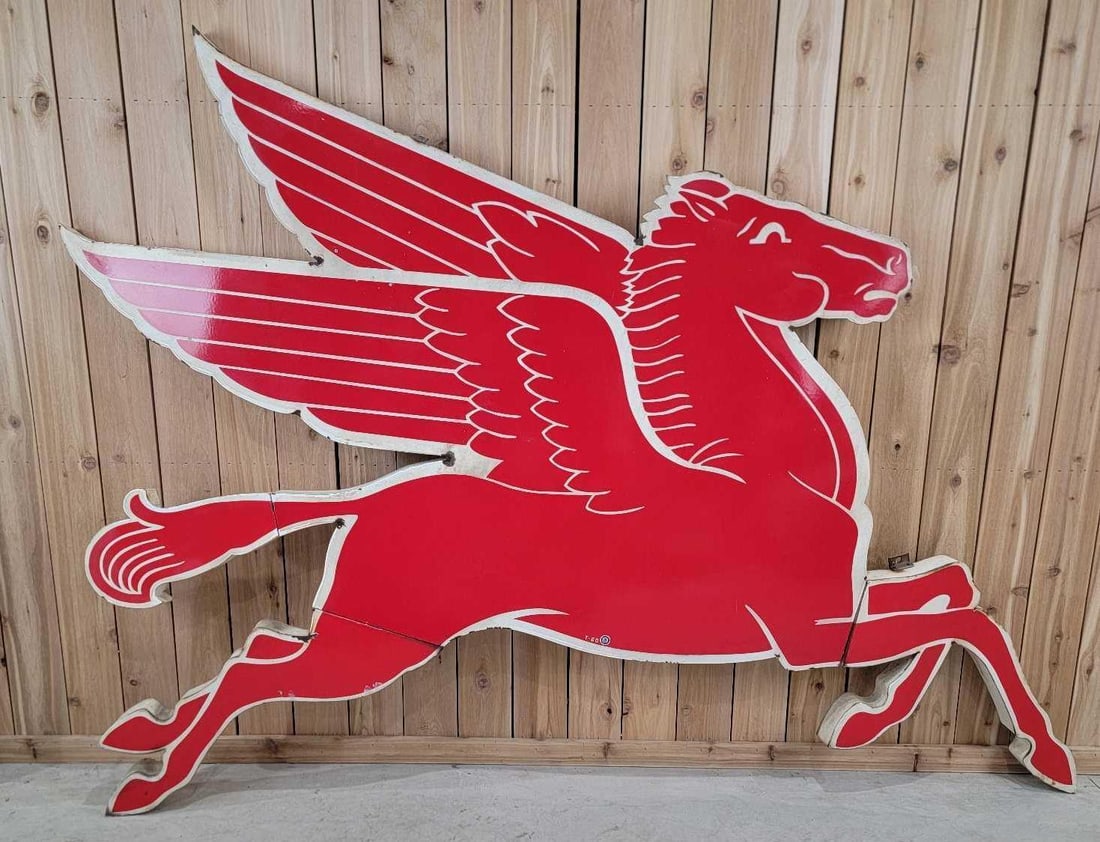 (Mobil) Pegasus Cookie-Cutter Porcelain Sign (right facing) (TAC): rated 8.25, 72"x108", the SSP cookie-cutter style porcelain has good color and gloss with vibrant red. The white sections has light rust staining and is chalky. Marked T-60. Rarity 4. TAC #061