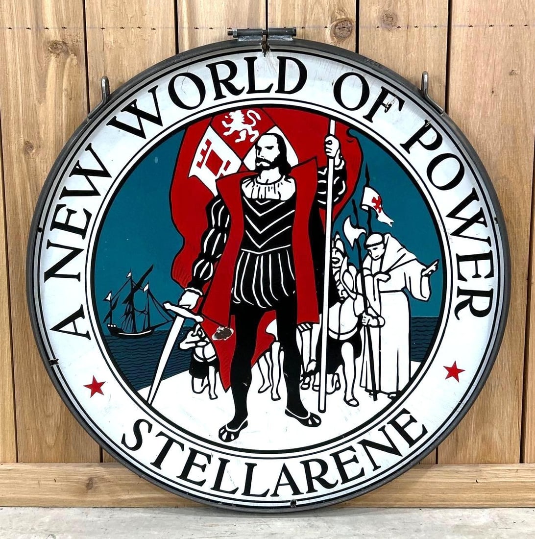 Stellarene "A New World of Power" w/Spectacular Image (gas) Porcelain Sign (TAC): rated 8.5 & 8, 30"D., the DSP sign has excellent color and gloss, display has nickel size chip in the field, has a few small bruises in the lower field, reverse has deep scratches in the left-han